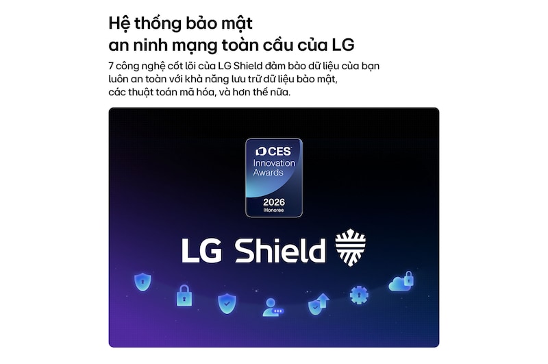 LG Shield, applied to LG OLED AI B6, is shown with an LG Shield logo at the center, security icons below, and a 2026 CES Innovation Awards Honoree badge above, representing data and system protection.